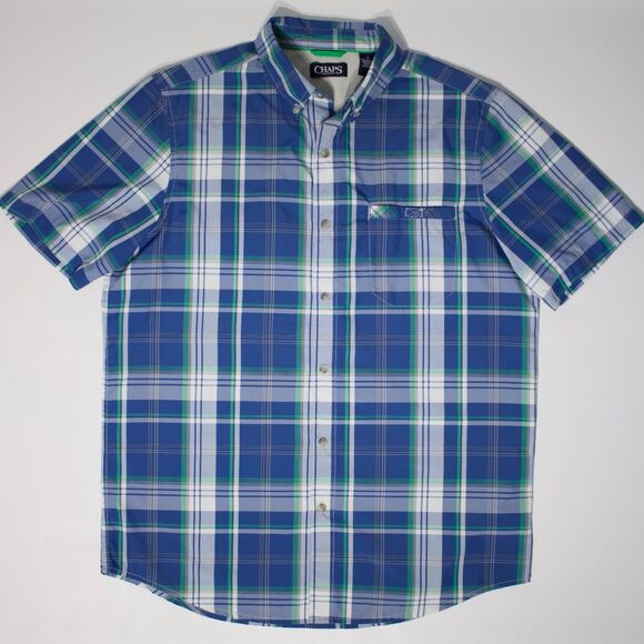Chaps Ralph Lauren Blue Poly Plaid Short Sleeve Camp Shirt Button Down Men Sz. M - Picture 1 of 9